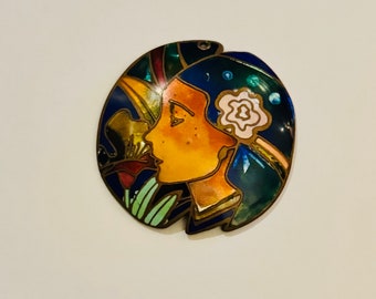 Vintage David Kuo Champleve Pendant Woman with Flower in Hair One of a Kind! Midcentury Original Enameled Portrait Necklace Nouveau Lady