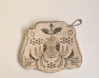 Antique Art Deco Scalloped Czech Glass Beaded Bag Change Purse Czechoslovakian Beadwork Geometric Pattern Detached Handle AS IS