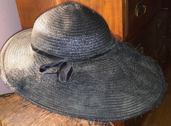 Wide Brimmed Cartwheel Hat Elegant 1940s Black Wi… - image 3