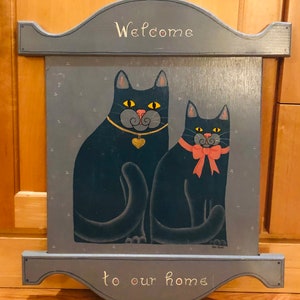 Primitive Welcome Sign Southern Folk Art Cat Painting on Wood Lois Kerns Samuel & Samantha Cats Rustic Cabin Cottage Core Blue Kitties