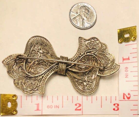 Intricate Antique Filigree Bow Brooch Handmade Or… - image 9