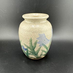Petite Vintage Signed Little Mountain Pottery Ceramic Vase w Blue Flower Design American Art Pottery Stoneware Vase Lovely Bulbous Posy Vase