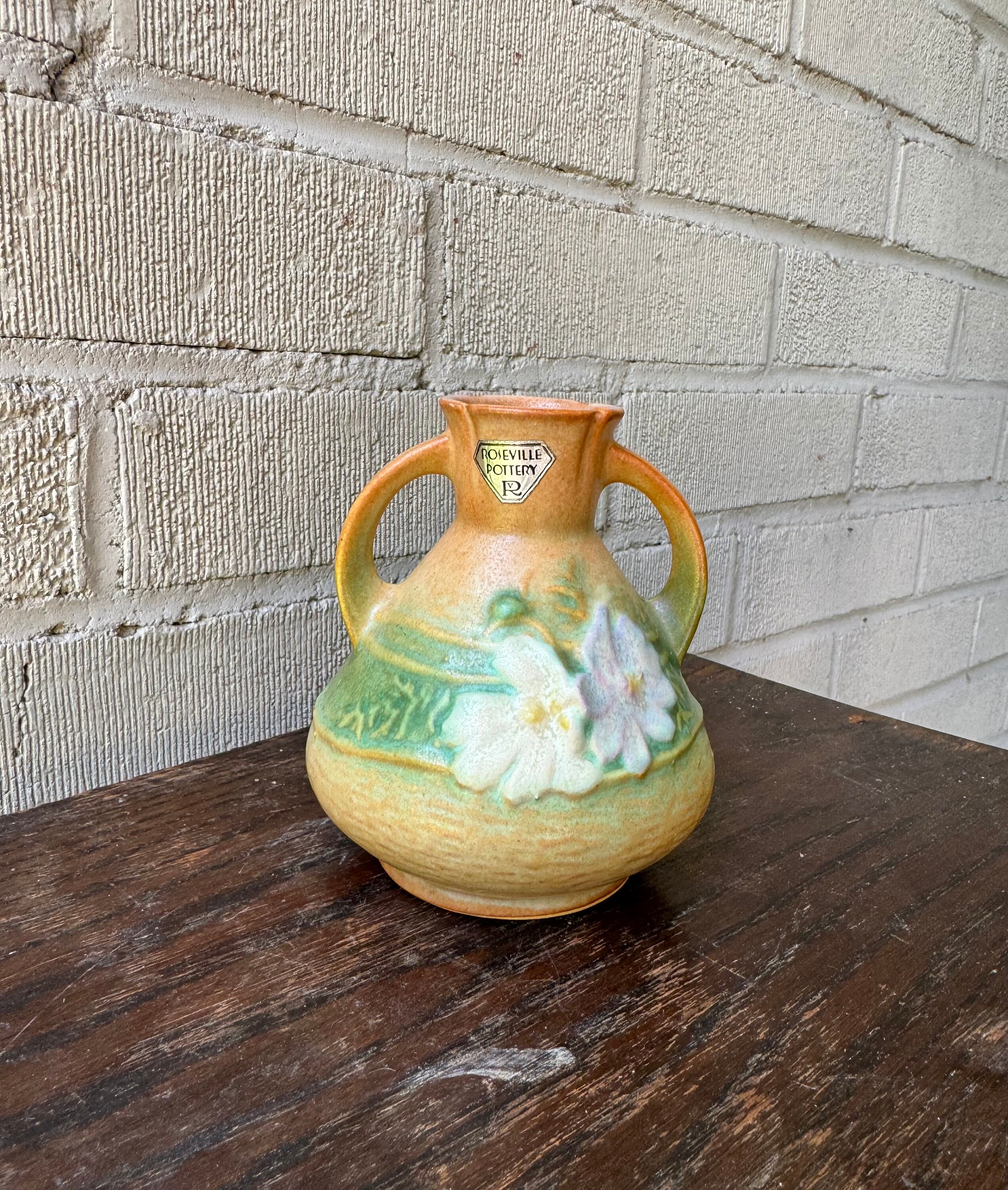 Vintage 1939 Roseville Cosmos Amphora Vase American Art Pottery Bud Vase w Handles Brown Matte Glaze Arts & Crafts Orig Metal Label 944-4
