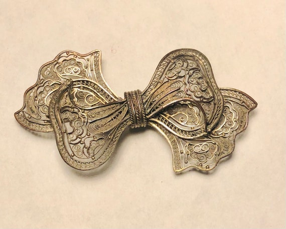 Intricate Antique Filigree Bow Brooch Handmade Or… - image 1