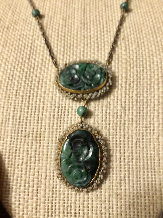 Edwardian Jade Lavaliere Necklace Antique Art Dec… - image 1