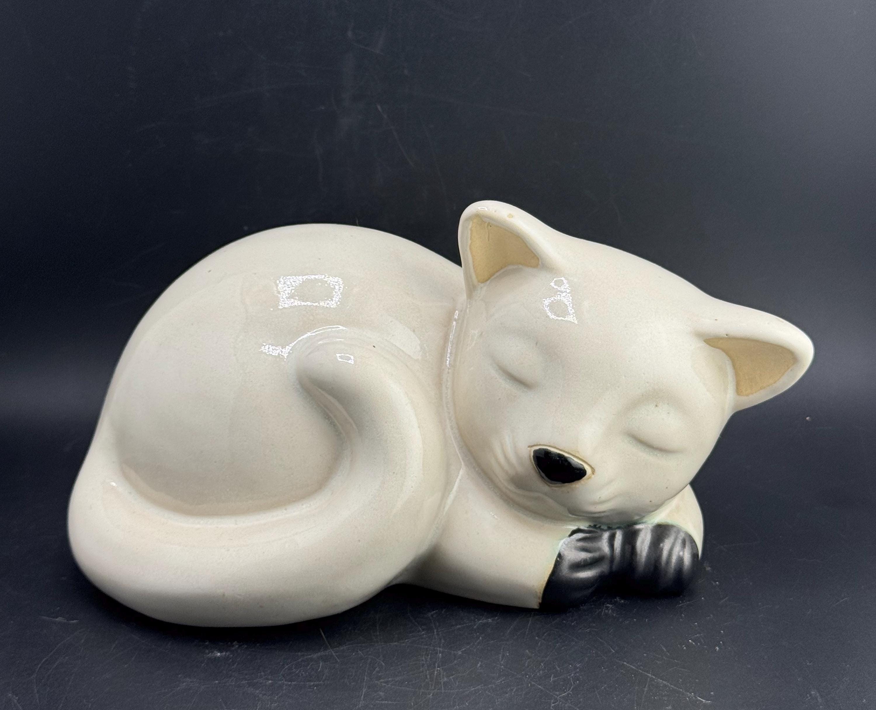 Vintage White Ceramic Sleeping Kitten Statue Crazy Cat Lady Gift