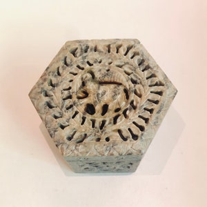 Hand Carved Stone Elephant Hinged Box Indian Soapstone Hexagonal Incense Burner Trinket Box Jewelry Dish Jali Work Artist Haat Import