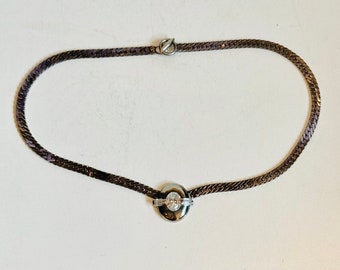 Sleek Vintage Sterling Crystal Choker Necklace Gunmetal Mirror Finish Art Deco Revival Herringbone Chain Peter Brams Paul Brackna? PB Silver