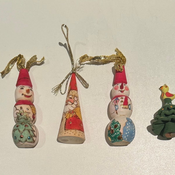 Vintage Russian Folk Art Christmas Ornament Collection Hand Carved Wooden Santa Claus Snowman Couple Miniature Clay Christmas Tree & Bird