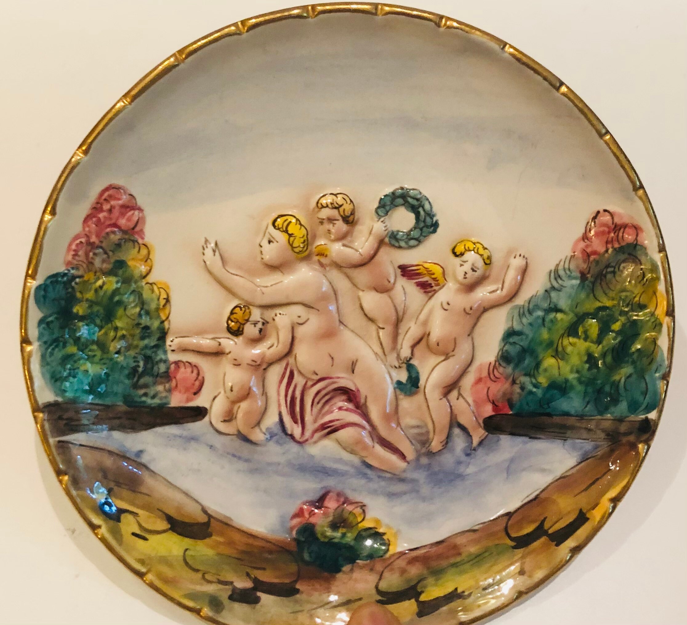 Vintage Ornate Italian Capodimonte Cherub Story Hanging Plate