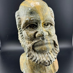 African Shona Art Bust of Man w Beard Statue Stone Sculpture Lovers Banded Serpentine Carving by Zimbabwean Artist SM Dube 9” AS IS