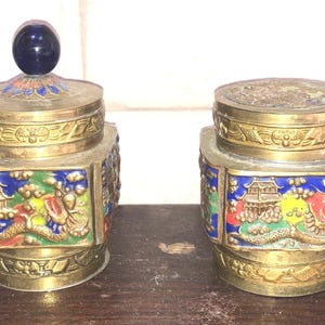 Antique Chinese Enamel Trinket Boxes Art Deco Enameled Scenic China Early 1900s Asian Table Decor Little Stash Boxes