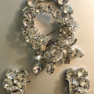 Eisenberg Rhinestone Brooch and Earrings Parure Signed Designer Brilliant Crystal Stones Midcentury Eisenberg Ice Rhinestones