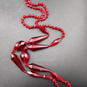 Fabulous Antique Art Deco Flapper Beads Faceted Ruby Red Czech Glass Oblong Beads 32” Assorted Shapes & Sizes Knotted Beads Gatsby Party