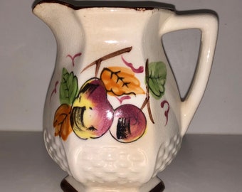 Quaint Vintage Hand Painted Japanese Ceramic Cream Pitcher Fruit Still Life Pear Berry Leaves Autumn Colors Grandmother Cottage Core
