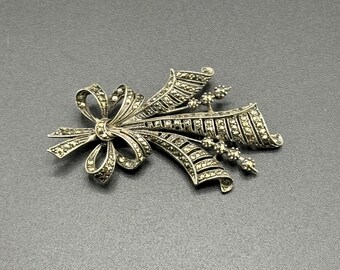 Antique Sterling Silver Marcasite Brooch Art Deco Revival Pin Figural Bouquet and Bow Ribbon Motif Edwardian Style