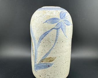 Vaso vintage in ceramica blu firmato, vaso in gres smaltato al sale, arte americana, vaso a bocciolo