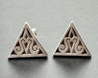 Vintage Mexican Sterling Silver Triangular Shadowbox Cufflinks Artisan Southwestern Style Nouveau Scroll Signed C Molina Tijuana Mexico 11 g