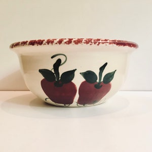 May include: A white ceramic bowl with a red rim and two red apples painted on the side. The apples have green leaves and stems.