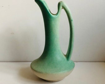 Vintage Midcentury MCM Niloak Vase American Art Pottery Matte Green & White Ewer Pitcher Bud Vase Eagle Pottery Hywood by Niloak Kaolin Clay