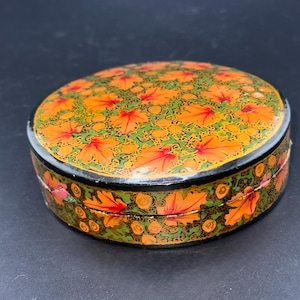 Vintage Hand Painted Round Paper Mache Trinket Box Pink Leaves Foliage Stash Box Coin Catcher Indian Kashmiri Nepalese Papier Mache