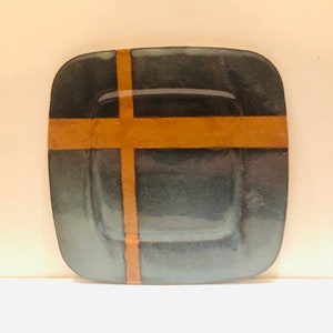 Vtg Earthenware Abstract Plate Artist Signed Modernist MCM Wall Art Decor Blue and Beige Geometric Japanese Style Serving Platter