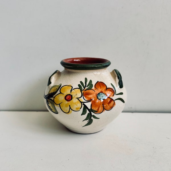 Vintage Hand Painted Portuguese Vase Floral Painting Bright Yellow & Orange Flowers Adorable Little Redware Squat Pot Made in Portugal