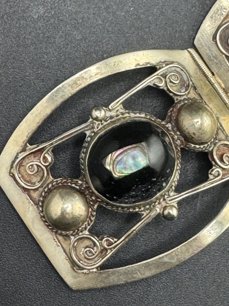 Magnífica pulsera vintage de abulón de ónix mexicano, brazalete de ónix mexicano, hecho en México, 29,9 g imagen 12