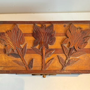 Vintage Carved Wooden Primitive Folk Art Jewelry Box Mirrored Treasure Chest Keepsake Stash Box W Carved Leaves on Drawer Wood Marquetry