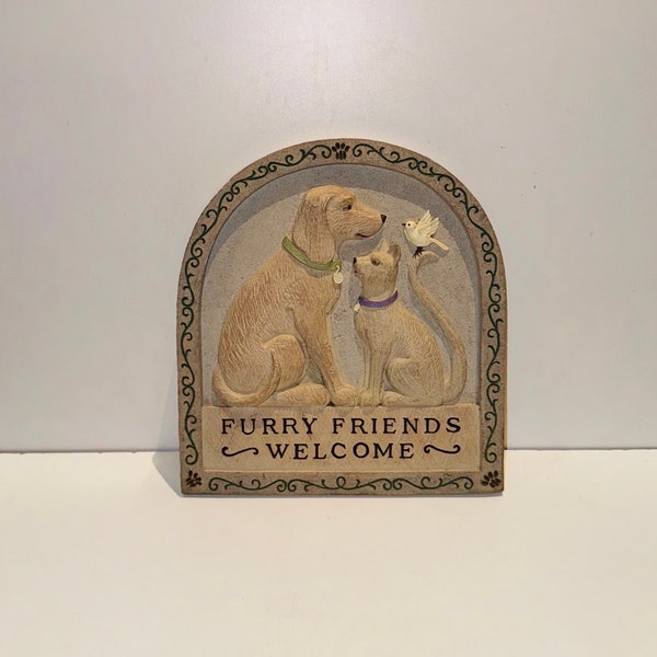 Adorable Vintage FURRY FRIENDS WELCOME Cat & Dog Wall Plaque Puppy Kitty Cat White Bird on Tail Kitten Dog Lover Gift Whimsical Wall Plaque