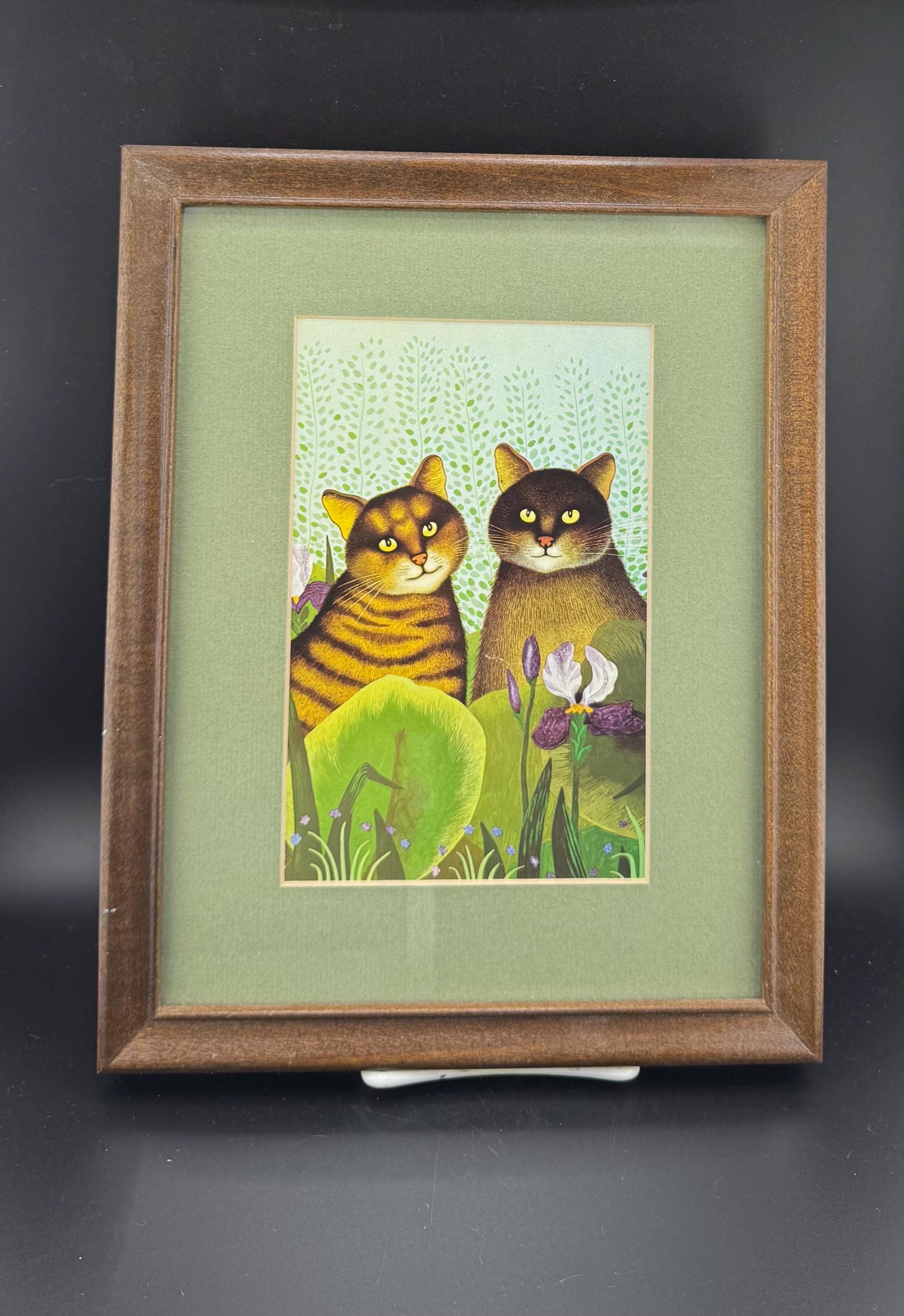 Vintage Surreal Cats in Garden Print Christine Chagnoux Framed