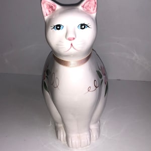 Vintage Ceramic Sitting Kitty Cat Statue Pink Flowers Cat Statuette Ceramic Blue Eyed White Kitten Statue