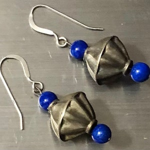 Vintage Tribal Bead Lapis Earrings Pierced Dangle Earrings Lapis Lazuli or Sodalite Earrings