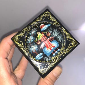 Miniature Russian Lacquerware Double Decker Trinket Box Artist Signed Miniature Painting 1980s Kholuy Russian Fairy Tale Water Bearer