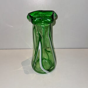 Vintage Art Glass Green & White Swirl Vase Hand Blown Wavy MCM Man Cave Asymmetrical Flower Vase Modernist Floral Arrangement Housewarming