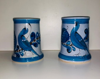Pair Large Signed Hand Thrown Ceramic Tonala Mexico Mugs Birds Blue Quails Art Pottery Mexican Mugs Artist Signed Ken Edwards?