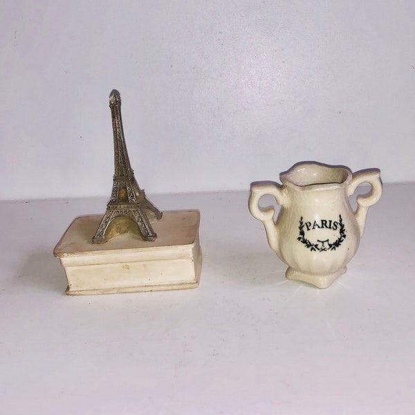 Miniature Eiffel Tower Trinket Box by Hen-Feathers Tiny Ceramic Paris Double Handled Open Sugar  Toothpick Holder Plus Bonus Parisian Plates