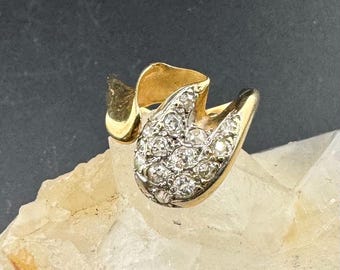 Stunning Vintage Mid Century 14K Modernist Pave Diamond Cocktail Ring Wavy Swirl Freeform Statement Ring sz 6.5 Estate Jewelry