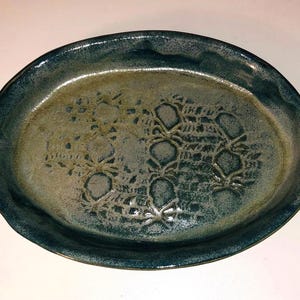 Vintage Studio Pottery Hand Thrown Blue Ceramic Platter 9 1/2" Embossed Textured Fruit Pineapples Signed LS
