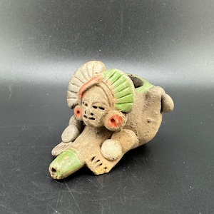 Precolumbian Style Vintage Clay Mayan Warrior Figural Miniature Pipe As Is
