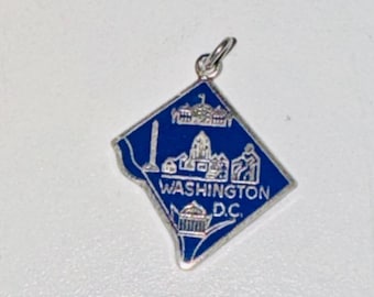 Vintage Enameled Washington DC Charm Sterling Silver Figural United States USA Capitol White House Historical Patriotic Souvenir Blue Enamel