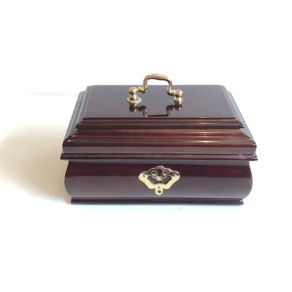 Elegant Vintage 1995 Wooden Mahogany Korean Jewelry Box Memory Keepsake Casket Hinged Chest Velvet Lined Removable Tray Insert