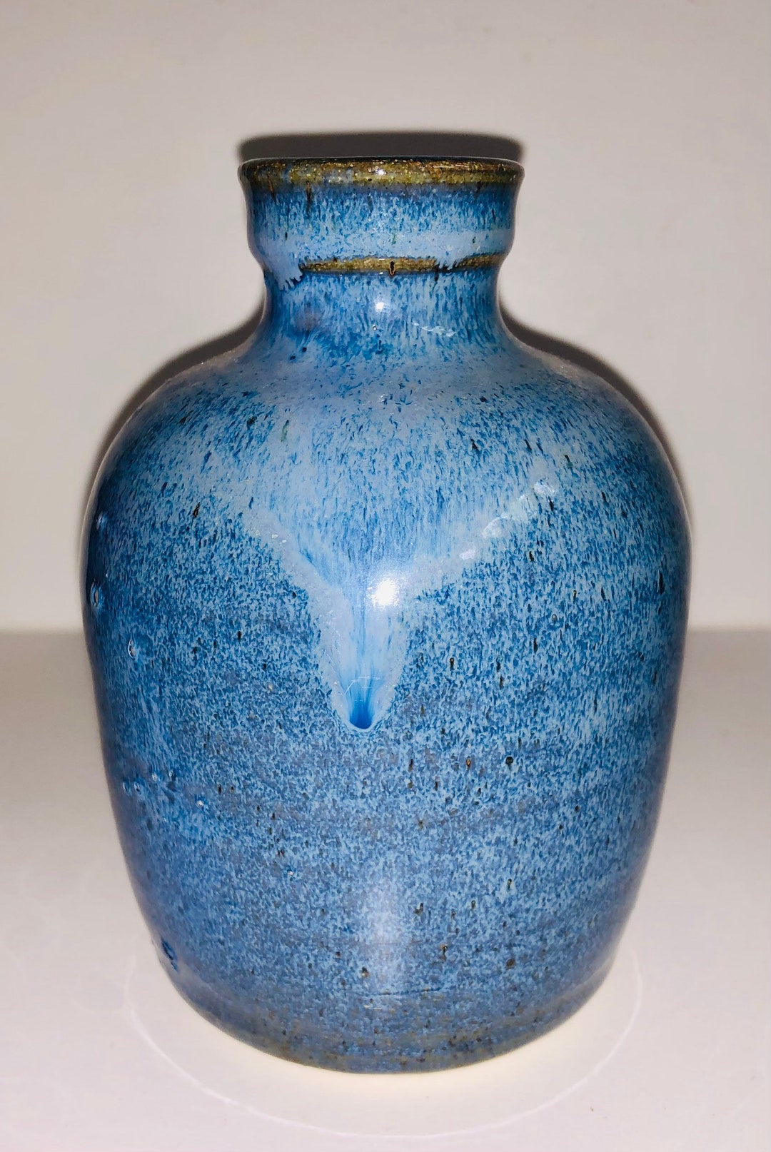 Vintage Hand Thrown Ceramic Vase Blue Drip Glaze Folk Art Pottery ...