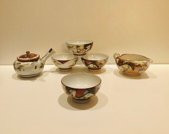 Antique Kutani Japanese Tokoname Teapot Tea Set Morning Glory Flowers Miniature Teapot & Cream Pitcher w/ 4 Matching Teacups