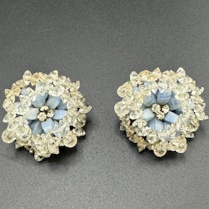 Elegant Vintage Coro Vendôme Crystal Cluster Earrings Austrian Cut Crystals Blue Swirl Satin Glass Beads Upscale Mid Century Designer Style