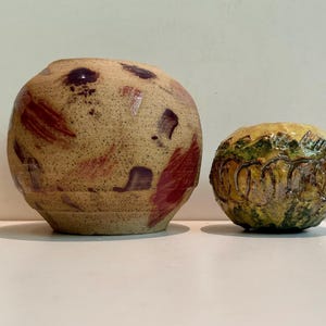 Vintage 1996 MCM Ball Vase Bowl Student Studio Pottery & Small Raku Lava Glaze Brutalist Bud Vase Yellow Green Drip Sculpted signed Penka