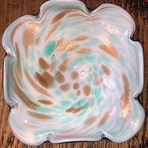Vintage MCM Italian Murano Modernist Dish Turquoise & Gold Aventurine Swirl Bowl Black Case Glass Modernist Ruffled Venetian Sculpture