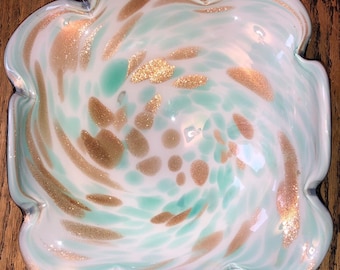 Vintage MCM Italian Murano Modernist Dish Turquoise & Gold Aventurine Swirl Bowl Black Case Glass Modernist Ruffled Venetian Sculpture