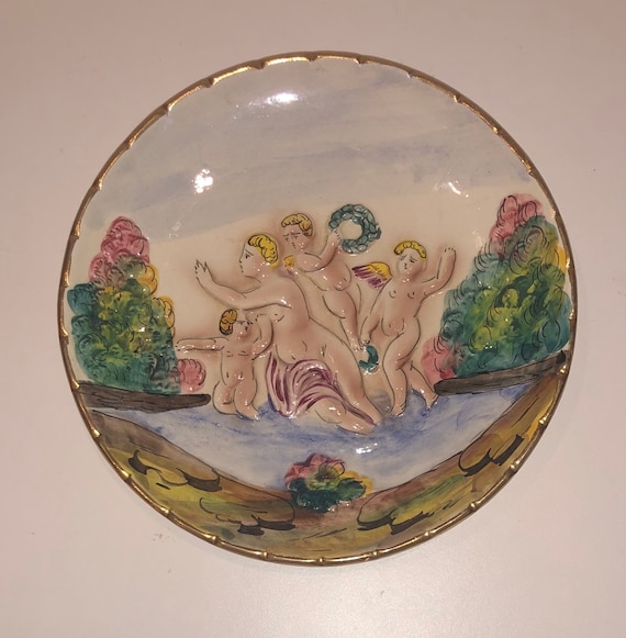 Vintage Ornate Italian Capodimonte Cherub Story Hanging Plate