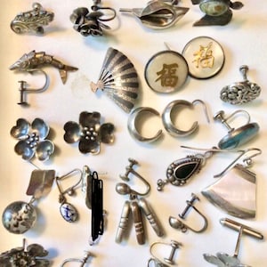 Vtg Silver Jewelry Silver Earrings Components Junk Drawer Collage Calla lily Articulated Fish Chinese Silver Upcycling Jewelry Projects
